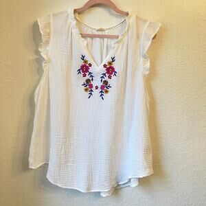 Mason & Belle | Cotton Gauze Embroidered Top 2X White Floral Summer Lightweight